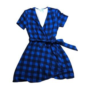 Draper James Faux Wrap‎ Dress Women's Size Small Buffalo Plaid Nassau Navy Rayon